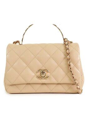 Chanel Top Handle Flap Bag Mini Beige Gold Caviar Leather 2-Way